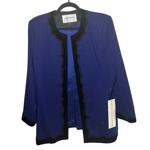 NEW Albert Nipon Evening Vintage Blue Black Bejeweled Velvet Wool Blazer Evening - Picture 1 of 14